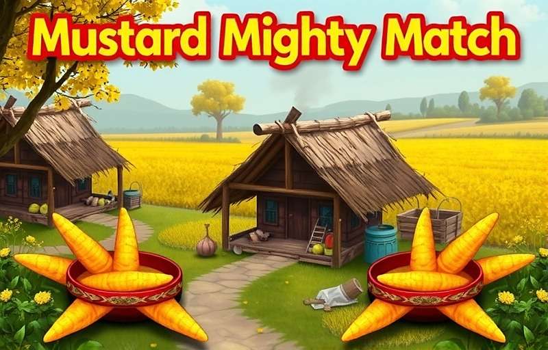 Mustard Mighty Match Official Cover Art Mustard Mighty Match game cover showing rural Indian village scene with mustard fields and cooking ingredients