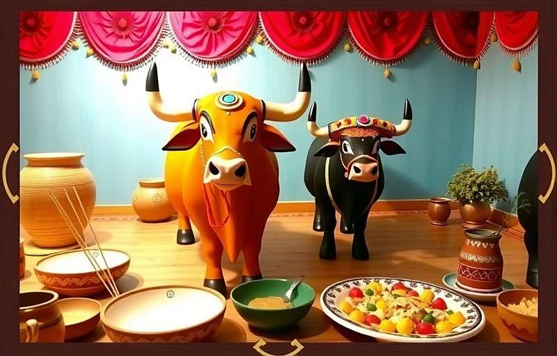 Mustard Mighty Match Pongal Celebration Event Mustard Mighty Match Pongal event showing a virtual village celebration with decorated bulls, sugarcane, and traditional food preparations