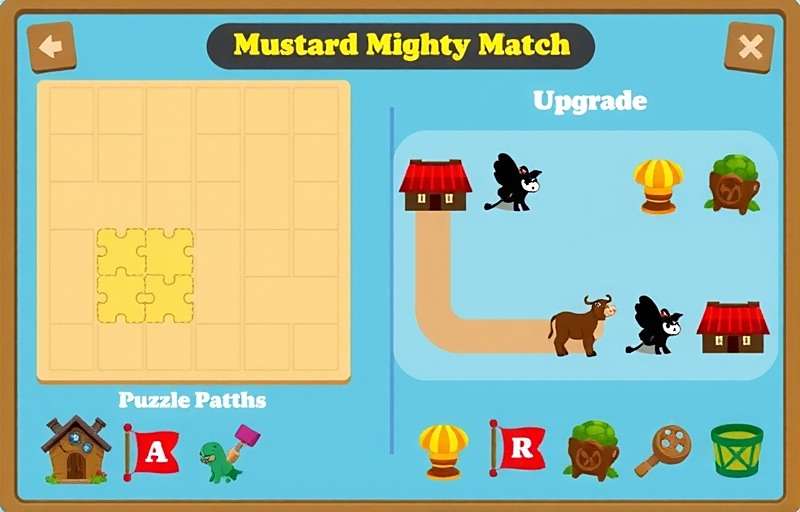 Mustard Mighty Match Advanced Strategies Mustard Mighty Match strategy guide illustration showing optimal puzzle board patterns and farm upgrade paths