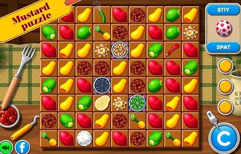 Mustard Mighty Match Gameplay Screenshot Mustard Mighty Match gameplay showing match-3 puzzle interface with mustard seeds, spices, and cooking ingredients as game pieces