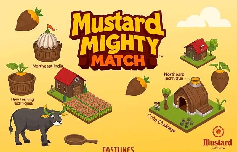 Mustard Mighty Match Upcoming Features Concept art for upcoming Mustard Mighty Match features including Northeast India expansion, new farming techniques, and enhanced cooking challenges
